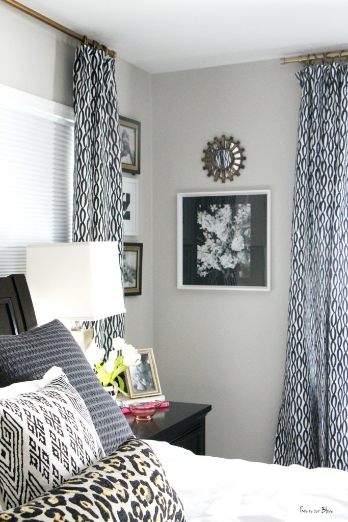 New year new room master bedroom refresh challenge - black and white bold pattern curtains with corner gallery wall This is our Bliss www.thisisourbliss.com