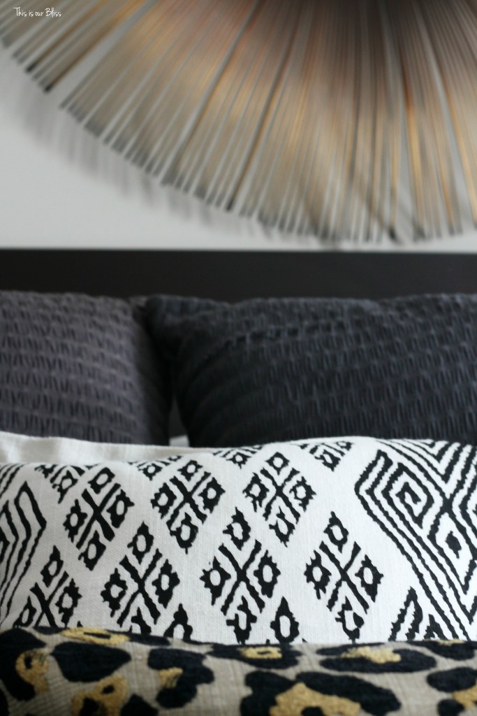 New year new room master bedroom refresh challenge - pattern play bedroom leopard pillow with black and white accents & sunburst mirror This is our Bliss www.thisisourbliss.com