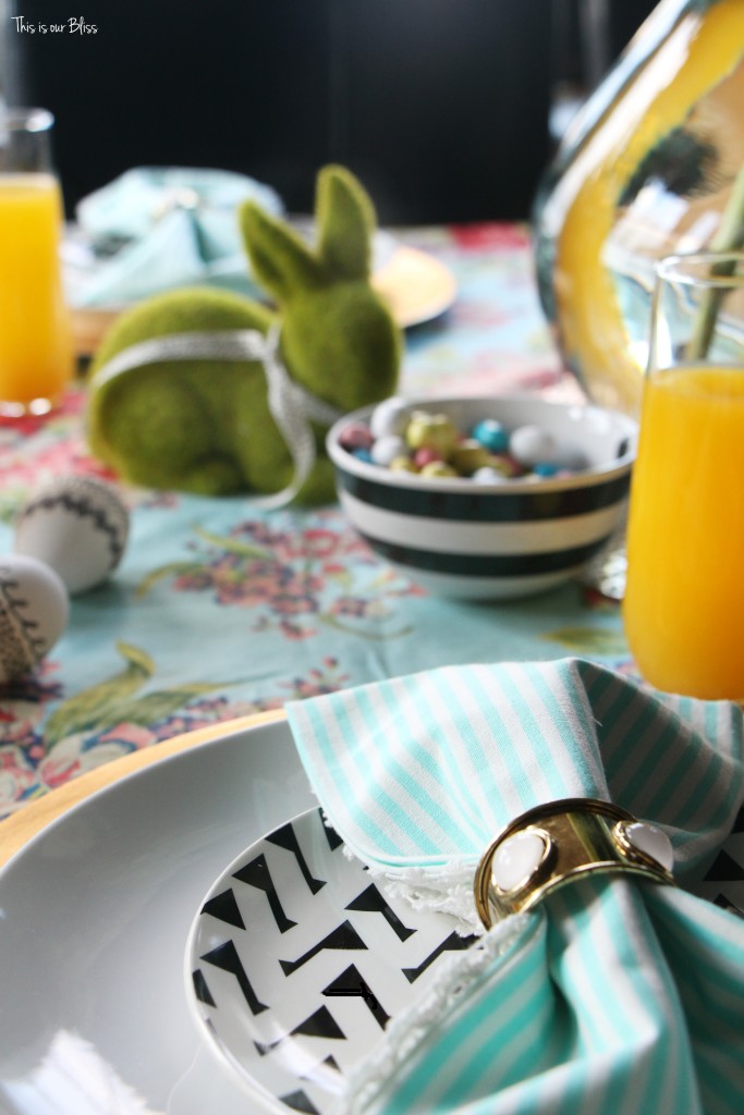 Spring tablescape | Easter Brunch | easter table | pattern play with florals & stripes || This is our Bliss