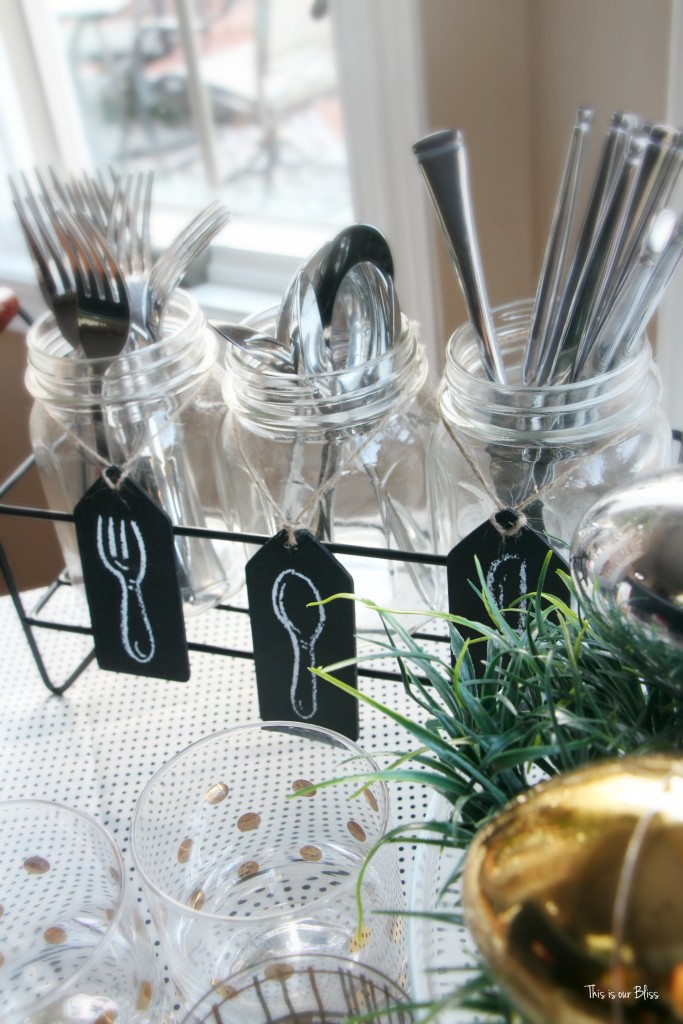 Spring tablescape | Easter Table drink table with bar tray |silverware caddy || This is our Bliss