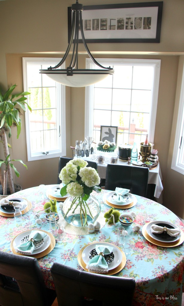 Spring tablescape | Easter table & beverage bar floral & striped table linens || This is our Bliss