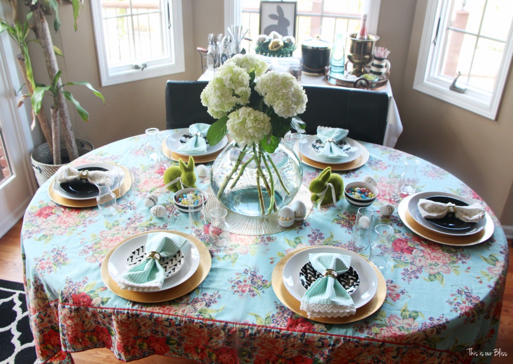 Spring tablescape | Easter table | florals stripes and polka dots pops of black and white || This is our Bliss