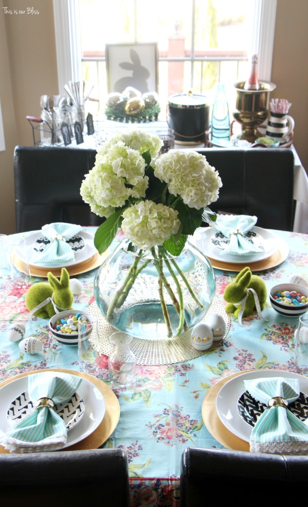 Spring tablescape | Easter table | fresh flowers & floral & striped table linens | This is our Bliss