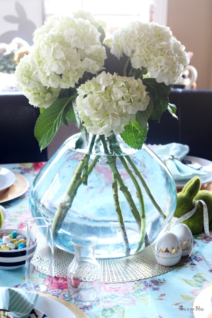 Spring tablescape | Easter table fresh hydrangeas floral & striped table linens || This is our Bliss