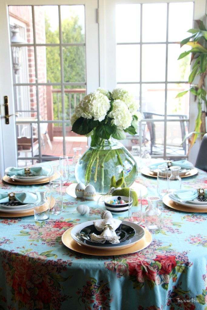 Spring tablescape | Easter table hydrangea centerpiece floral & striped table linens || This is our Bliss