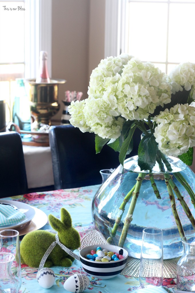 Spring tablescape | Easter table hydrangeas | floral & striped table linens || This is our Bliss