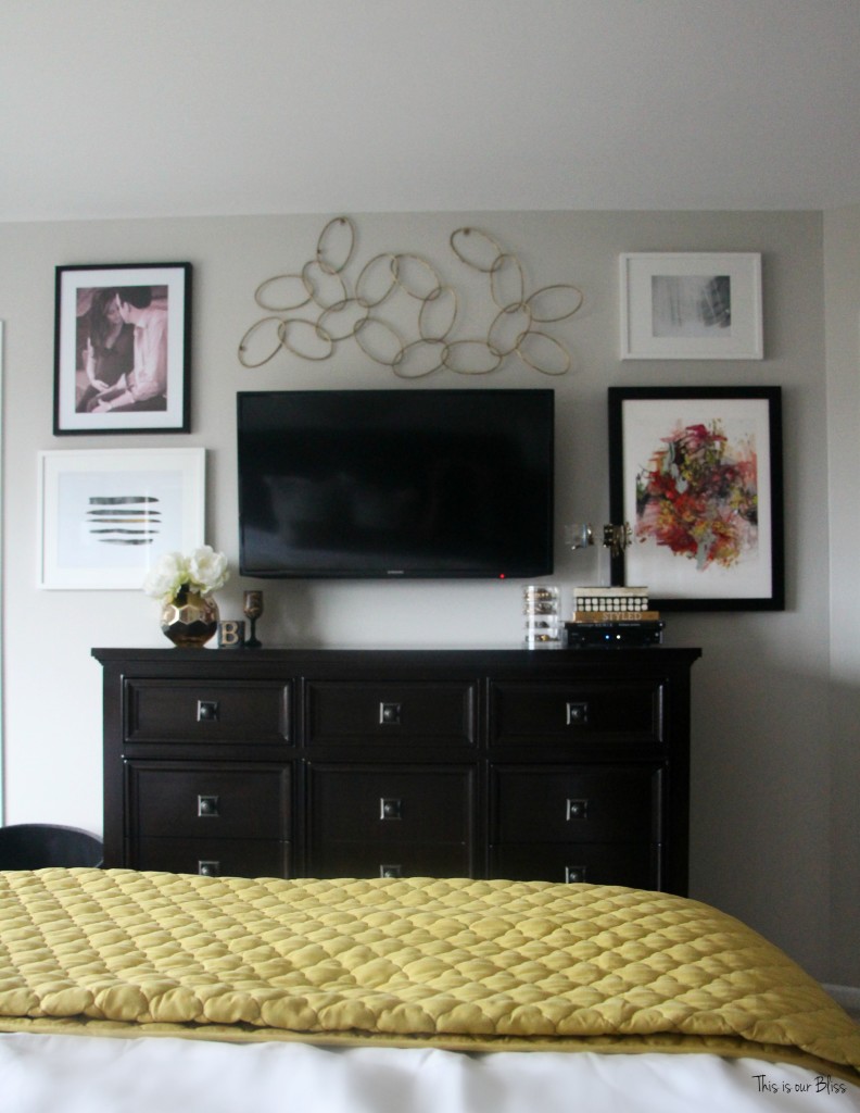 TV Gallery wall Master bedroom refresh minted art and pink tinted photo This is our Bliss