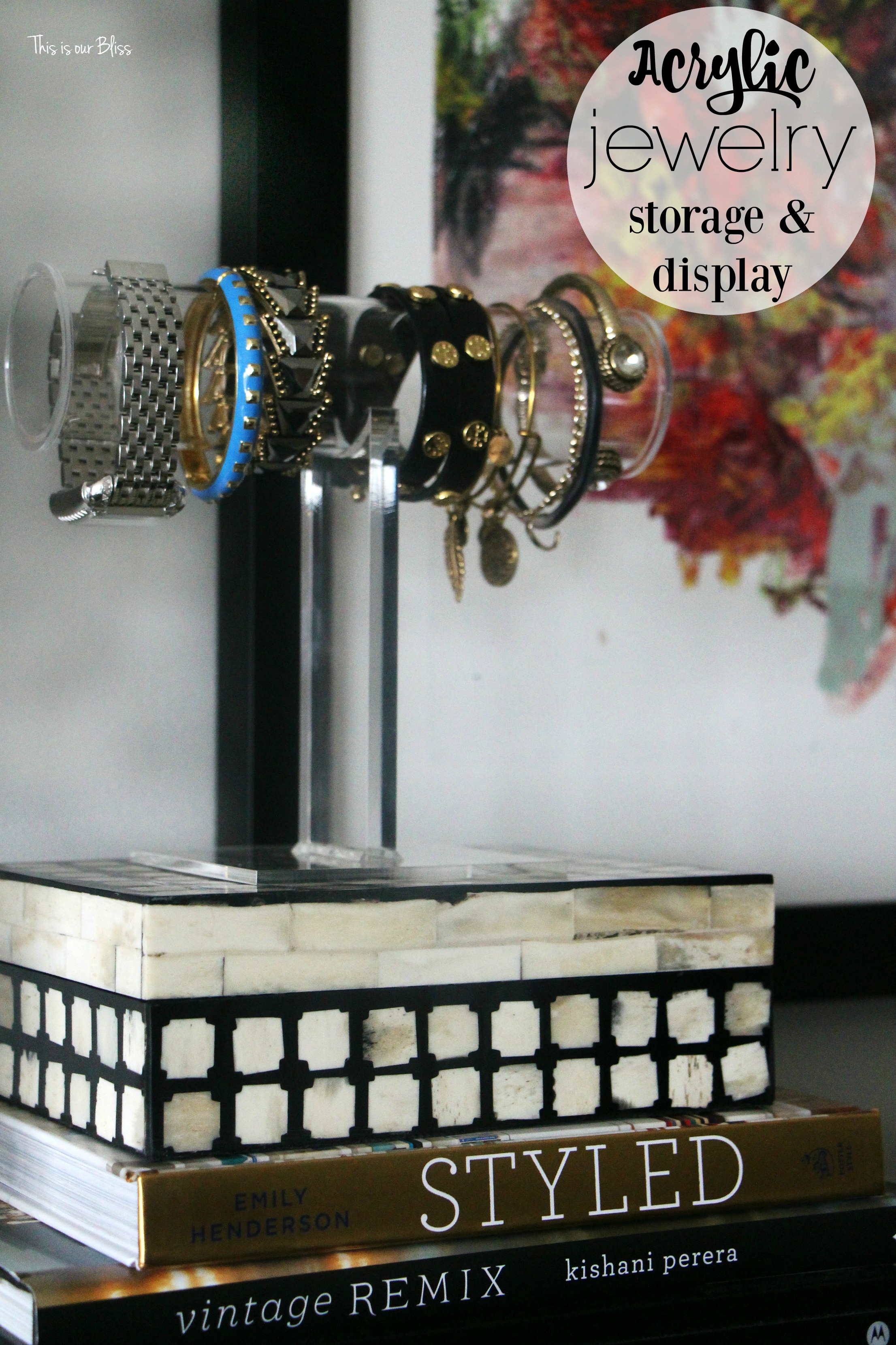 Acrylic jewelry storage & display | new year, new room refresh challenge - Master bedroom refresh - gold decor - TV gallery wall - minted art || This is our Bliss - www.thisisourbliss.com