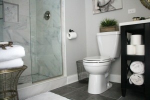 Basement bathroom reveal | Marble shower | black white gold and gray gray tile neutral glam bathroom decor || This is our Bliss || www.thisisourbliss.com