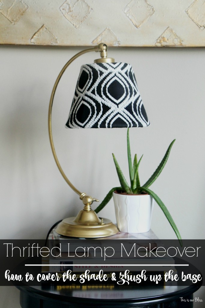 its cool monthly thrift challenge Lampshade redo how to recover an old lampshade black white and gold decor DIY lampshade || This is our Bliss