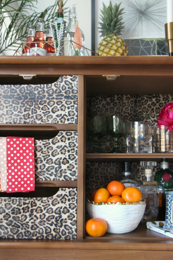 Eddie Ross Inspired Bar | Inspired by DIY | Indoor summer bar styling | dresser upcyle leopard | This is our Bliss | www.thisisourbliss.com