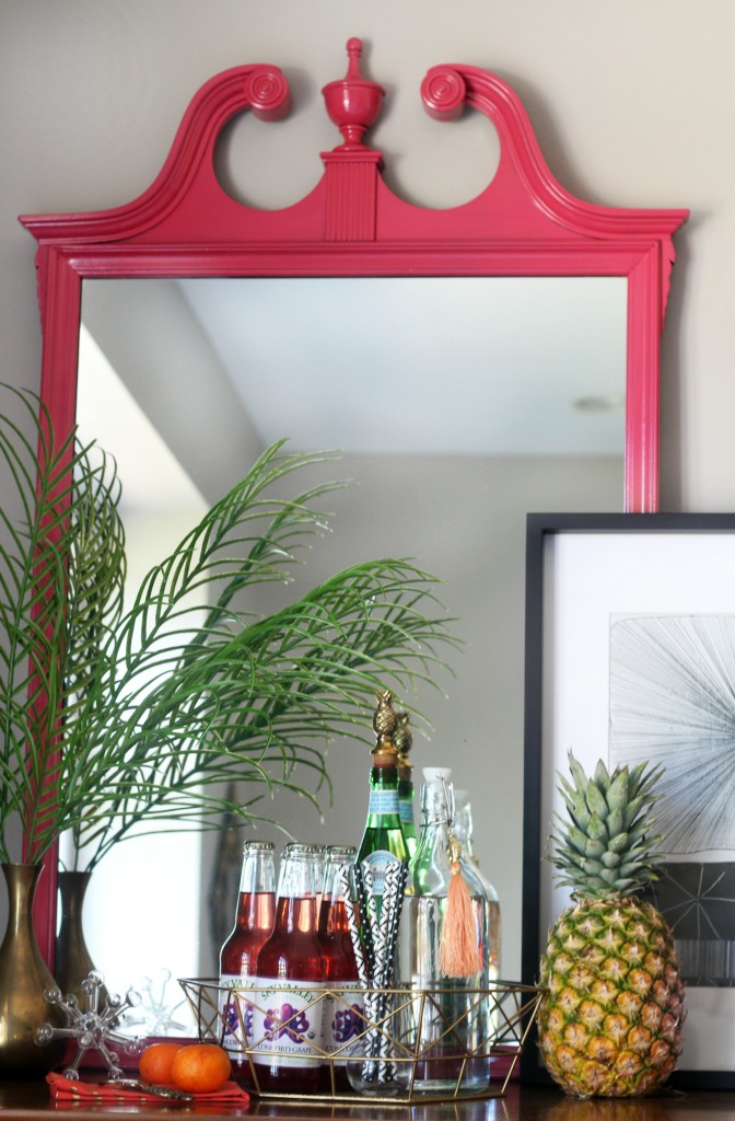 Inspired by DIY | Indoor summer bar styling | Thrifted mirror makeover | spraypainted pink mirror detail | This is our Bliss