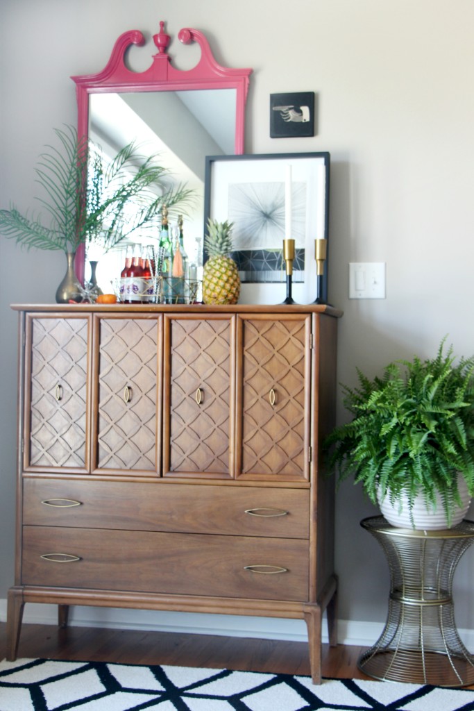 Eddie Ross Style Inspired by DIY | Indoor Summer bar styling | Thrifted dresser turned bar | This is our Bliss | www.thisisourbliss.com