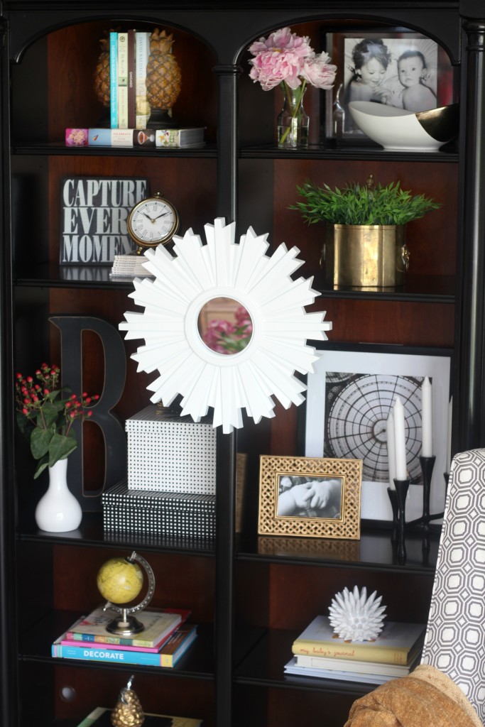 Summer Home Tour | Summer styled bookcase shelves | how to style a bookcase | Eclectic summer home tour | This is our Bliss | www.thisisourbliss.com