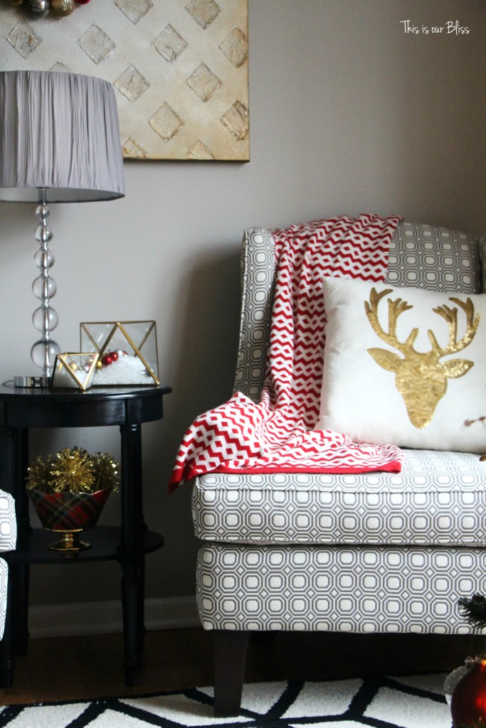 Holiday decorating | Christmas Formal Living Room ideas | reindeer pillow | This is our Bliss | www.thisisourbliss.com