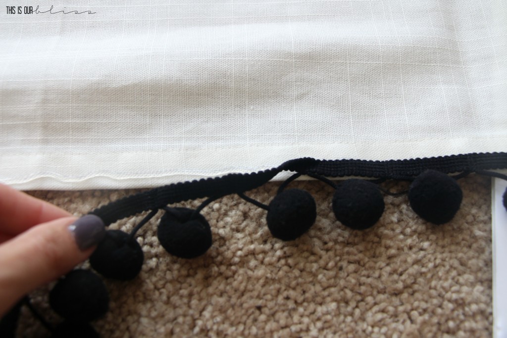 Adding no sew pom pom trim to your curtains | This is our bliss