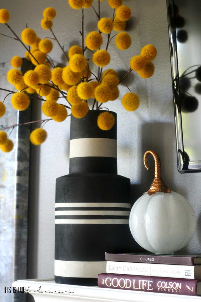 Simple fall stems in a black and white vase for a quick fall mantel! | This is our Bliss | www.thisisourbliss.com