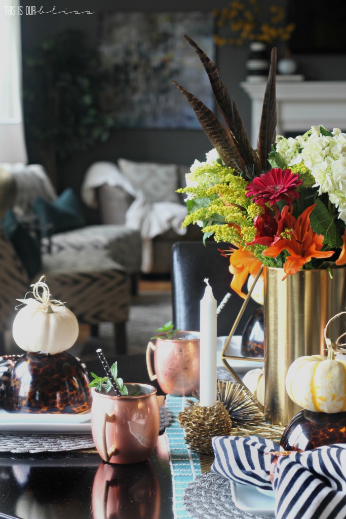 A Casual Fall Tablescape with texture, pattern and pops of warm copper and gold | This is our Bliss | www.thisisourbliss.com