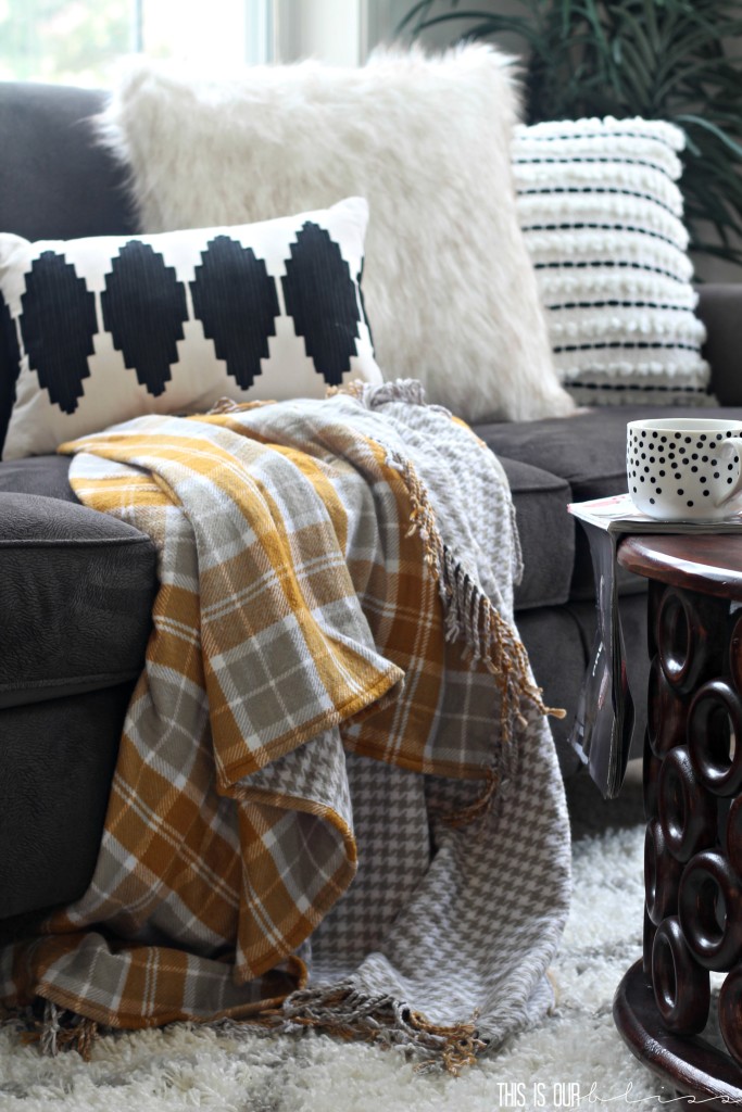 Fall living room with cozy plaid flannel throw blanket | Fall Home Tour 2016 | This is our Bliss | www.thisisourbliss.com