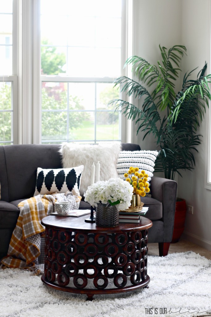 Fall living room with cozy plaid flannel throw blanket | Fall Home Tour 2016 | This is our Bliss | www.thisisourbliss.com