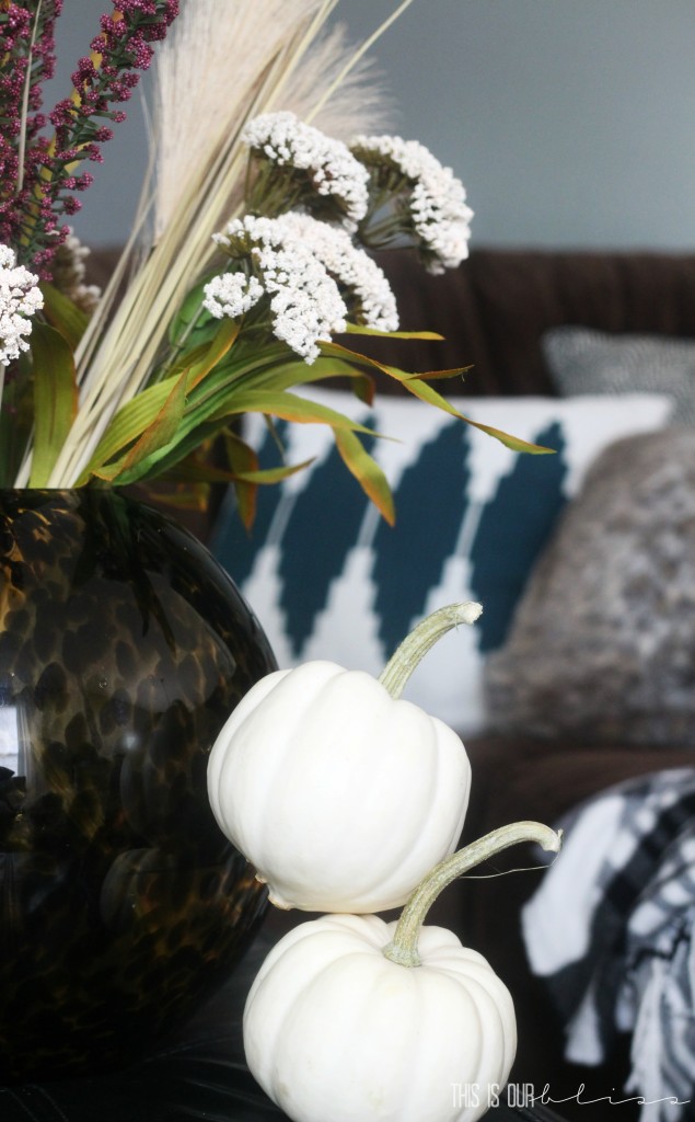 Cozy fall couch with furry fluffy throw pillows and a flannel blanket | www.thisisourbliss.com