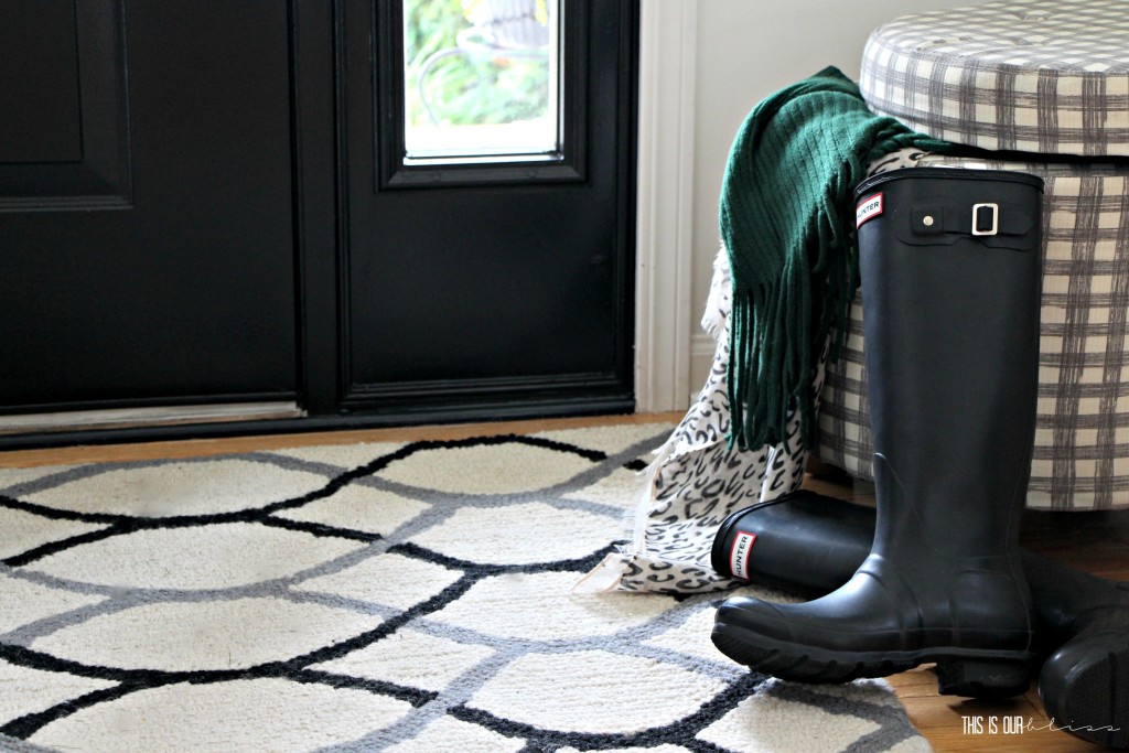 Fall front entryway with classic black hunter boots | This is our Bliss | www.thisisourbliss.com