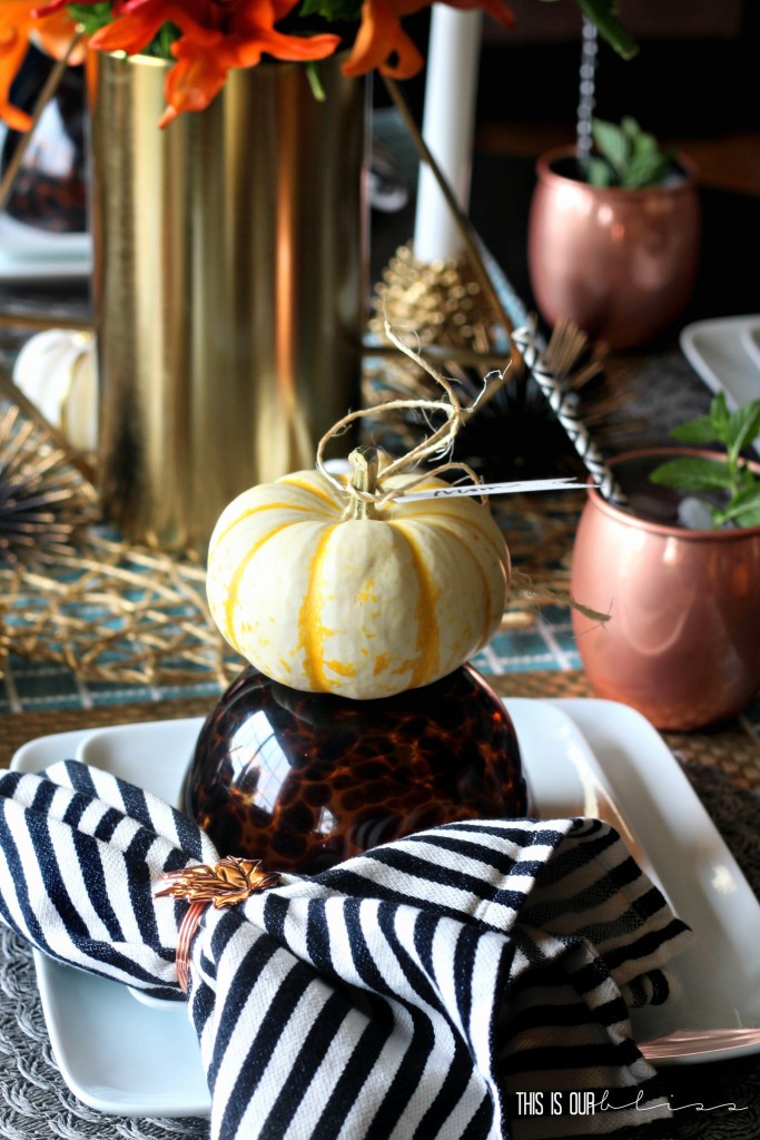Casual fall tablescape with gold & copper accents | This is our Bliss