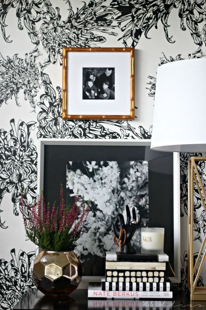 Classy and chic black and white wallpapered bedroom accent wall! Perfect nightstand styling too! | This is our Bliss | www.thisisourbliss.com