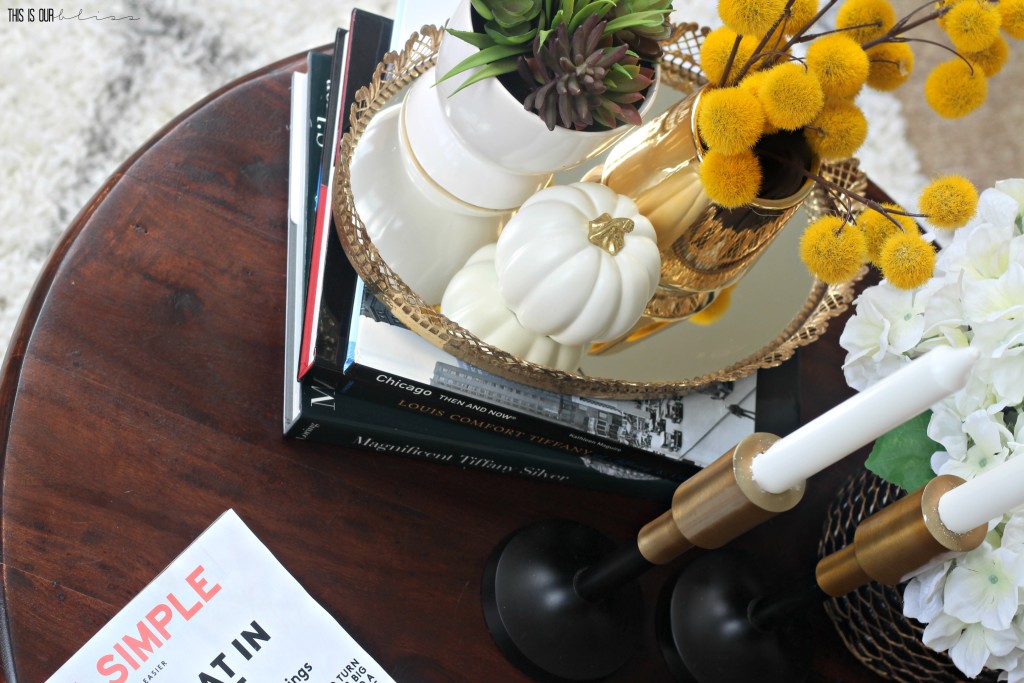 Coffee table styling perfect for fall with white pumpkins!! | This is our Bliss | www.thisisourbliss.com