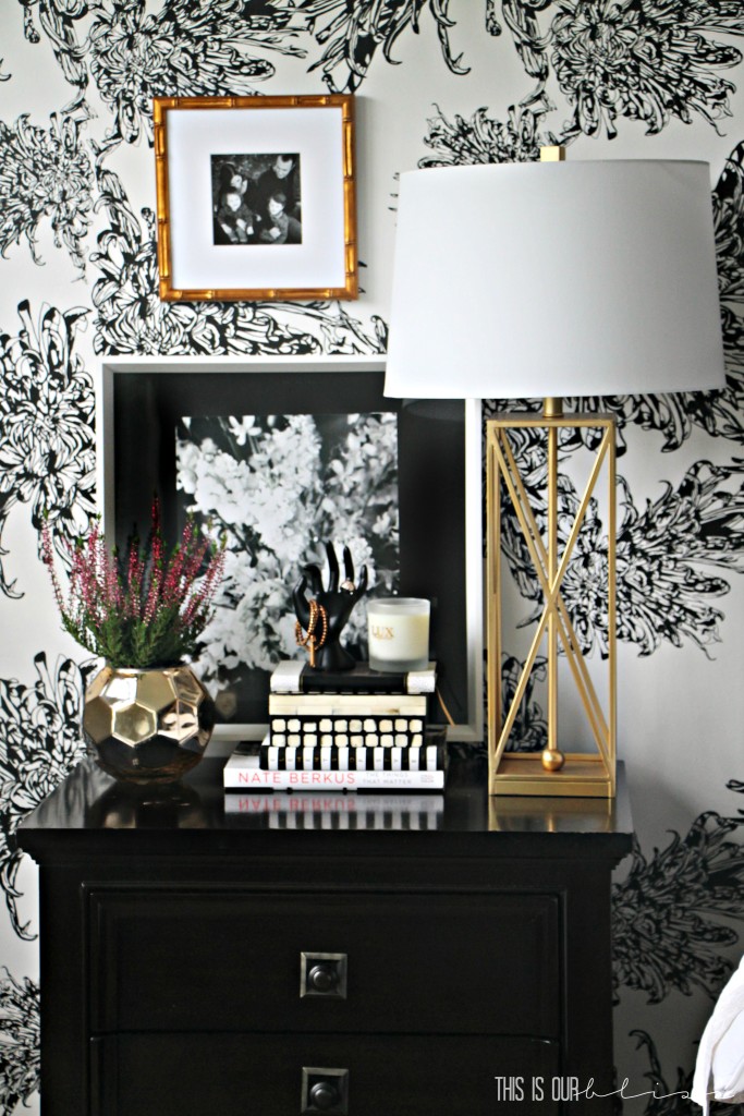 Nightstand styling and GORGEOUS wallpapered accent wall in the master bedroom | www.thisisourbliss.com