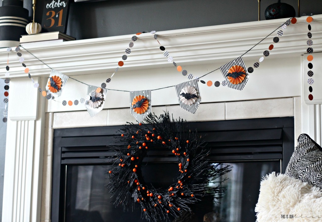Simple Halloween Mantel | with paper garland | no-fuss Halloween decorating | This is our Bliss | www.thisisourbliss.com