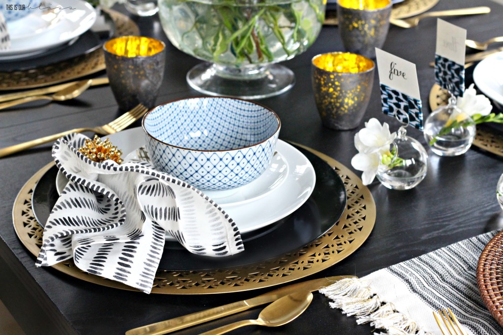 Bold Graphic Glam Dining Room Makeover | One Room Challenge Fall 2016 | black, white, blue and gold Tablescape with Modern, Eclectic touches | This is our Bliss | www.thisisourbliss.com