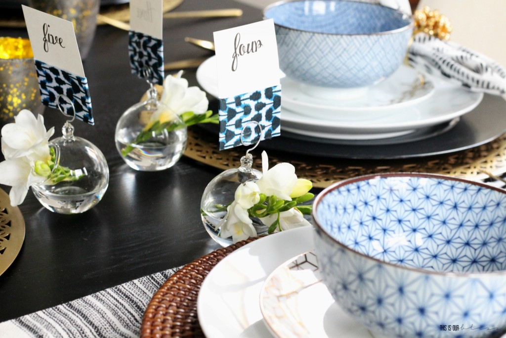 Bold Graphic Glam Dining Room Makeover | One Room Challenge Fall 2016 | black, white, blue and gold Tablescape with Modern, Eclectic touches | This is our Bliss | www.thisisourbliss.com