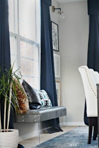 Bold Graphic Glam Dining Room Reveal | Fall 2016 One Room Challenge | lucite + leather bench with patterned pillows | This is our Bliss | www.thisisourbliss.com