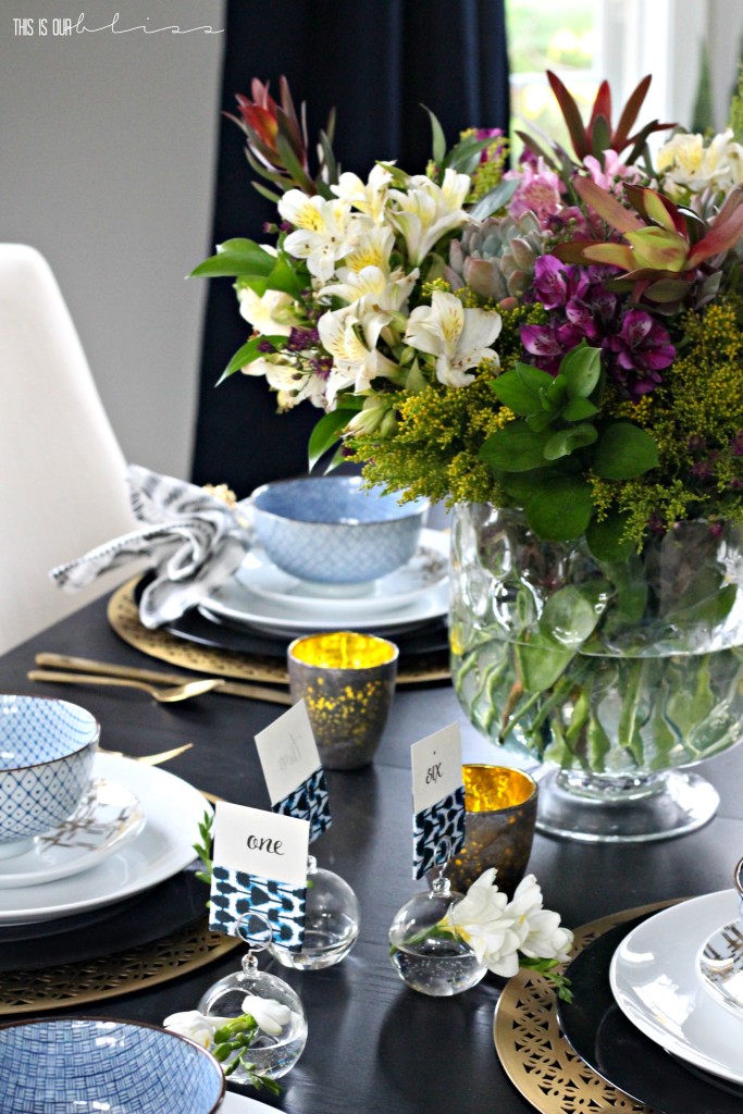 Bold Graphic Glam Dining Room Makeover | One Room Challenge Fall 2016 | black, white, blue and gold Tablescape with Modern, Eclectic touches | This is our Bliss | www.thisisourbliss.com