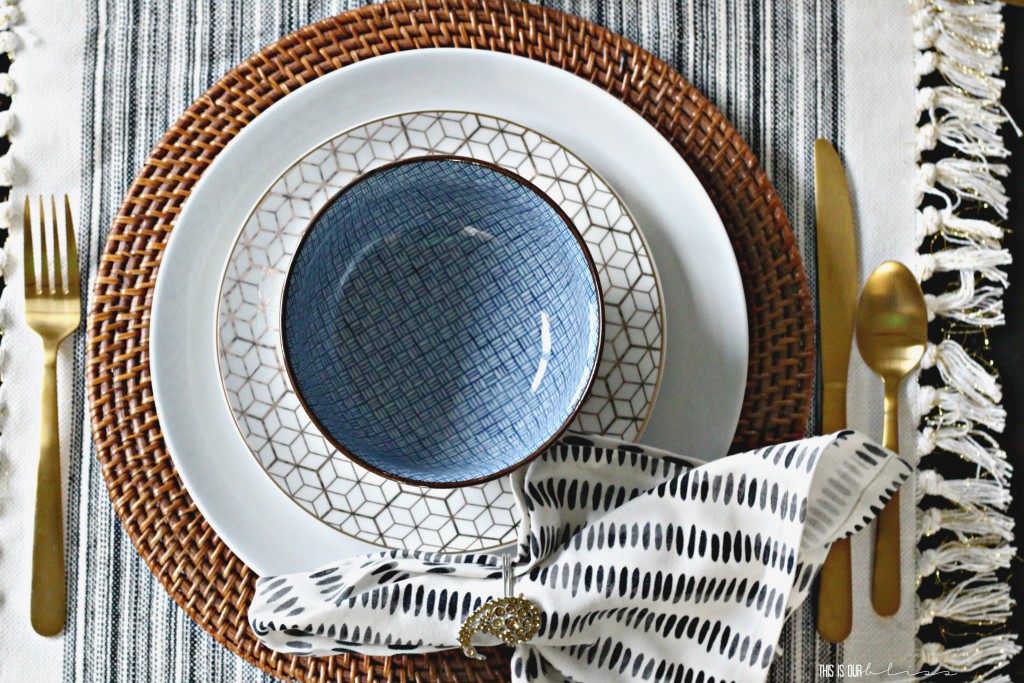 Bold Graphic Glam Dining Room Makeover | One Room Challenge Fall 2016 | black, white, blue and gold Tablescape with Modern, Eclectic touches | This is our Bliss | www.thisisourbliss.com