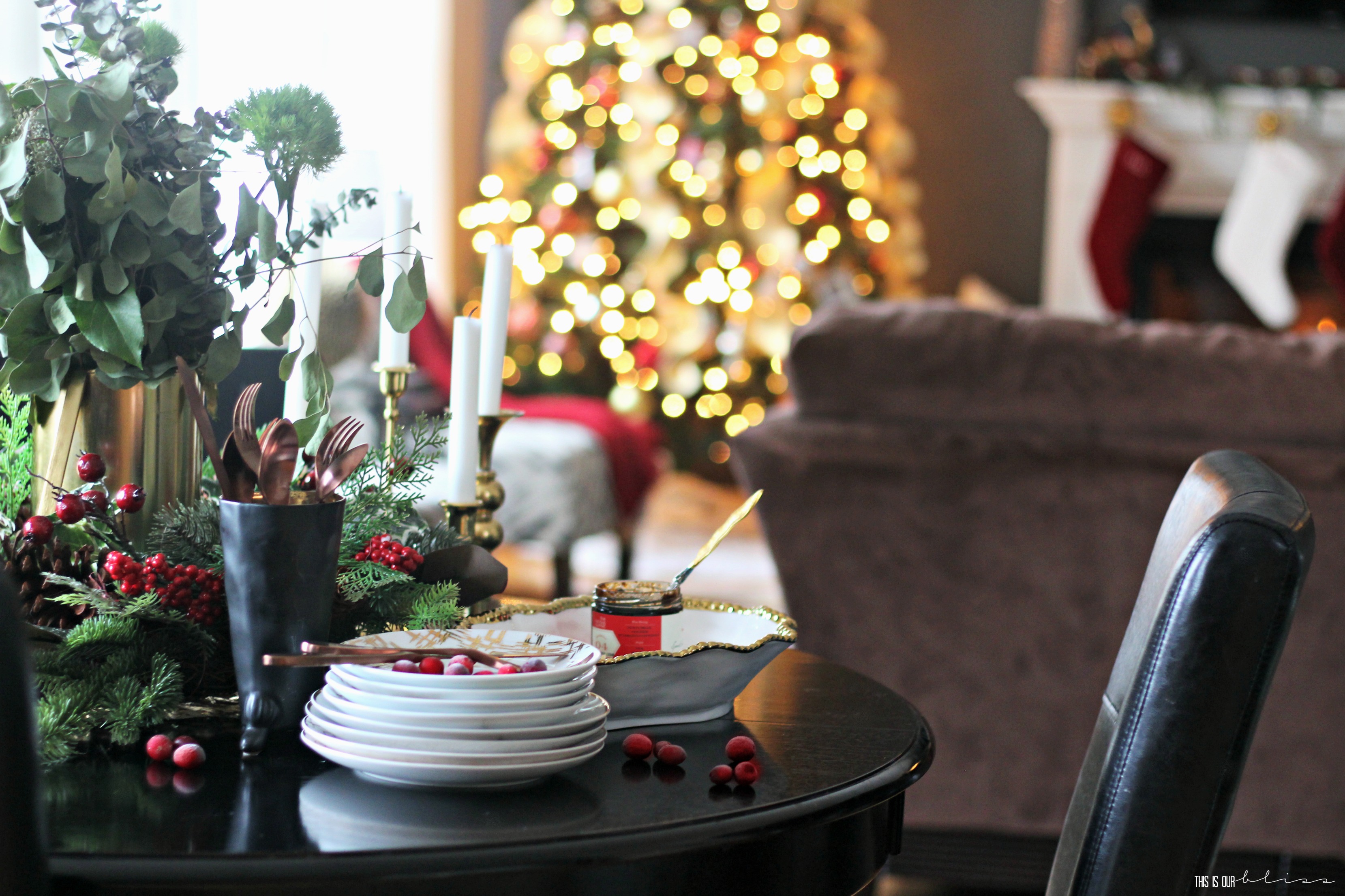 A Merry and Metallic Christmas Home Tour | Red white and metallic Christmas Family room, breakfast table, Tree and Mantel | This is our Bliss Christmas Home Tour 2016