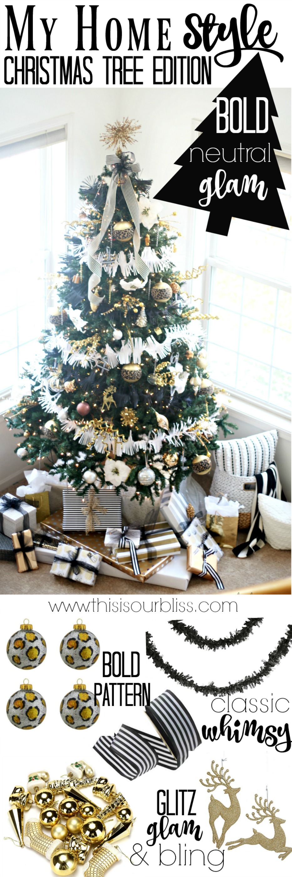 Bold Neutral Glam Christmas Tree in the Living Room