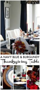 Navy Blue and Burgundy Thanksgiving Tablescape plus my go-to wine and appetizer pairings #Thanksgiving #ThanksgivingTable