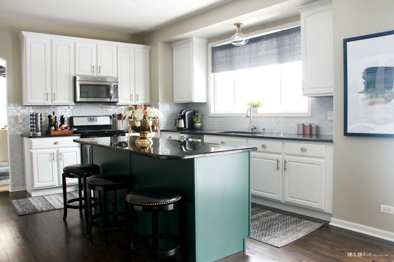 Kitchen Revamp Reveal Modern White Kitchen With Green Island This Is Our Bliss 