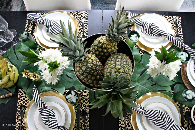 Tropical Summer Table with Pineapples, Palm Leaves and Leopard Print | Stylish Summer Entertaining || This is our Bliss