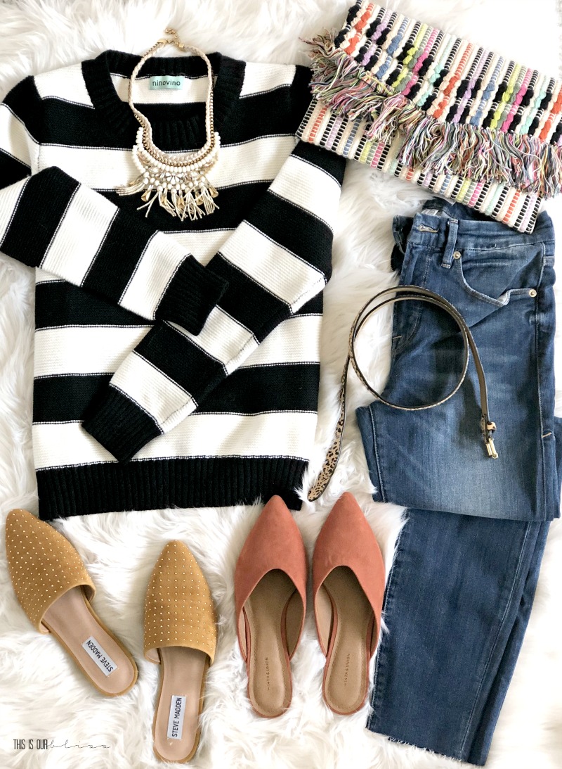 black and white striped dress outfit ideas