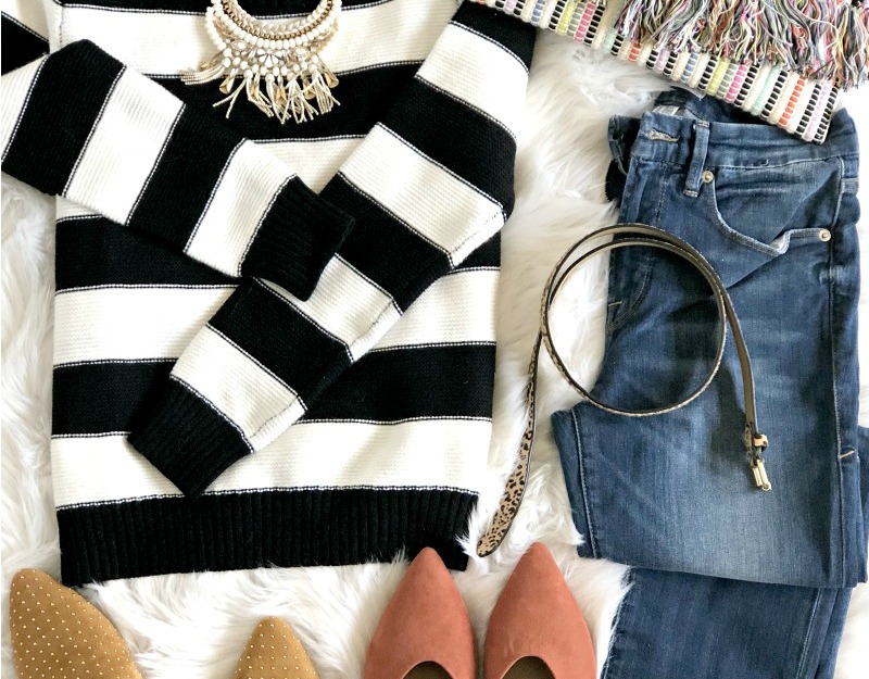 featured Black and White Striped Sweater 5 Ways - One Sweater 5 ways - Five outfit ideas for a black and white striped sweater - Fall sweater jeans and mules - This is our Bliss