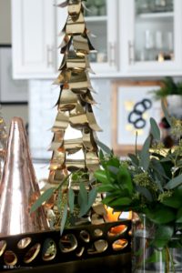 A Simply Green Christmas Kitchen with simple Metallic Tree island centerpiece - This is our Bliss