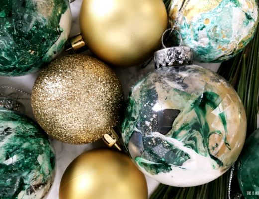 DIY Marbled Christmas Tree ornaments with paint and nail polish from Dollar Tree - This is our Bliss