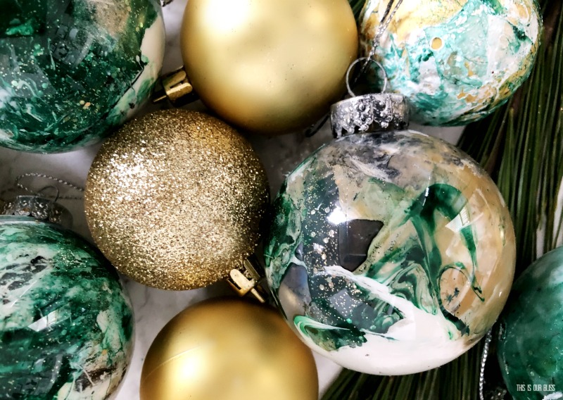 DIY Marbled Christmas Tree ornaments with paint and nail polish from Dollar Tree - This is our Bliss