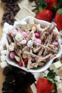 Vanilla Chex Mix treats - sweet and salty Valentine's Day treat mix - Sweets and strawberries board - This is our Bliss