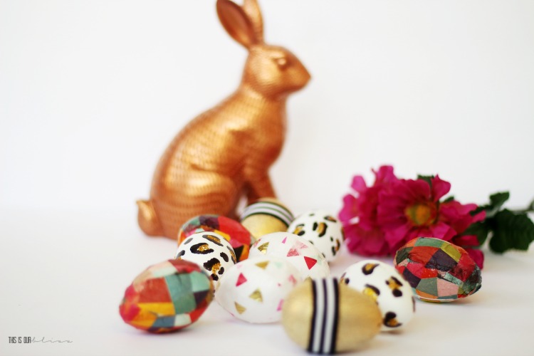 Bright and colorful mod podge easter eggs - copper bunny and patterned Easter eggs - This is our Bliss