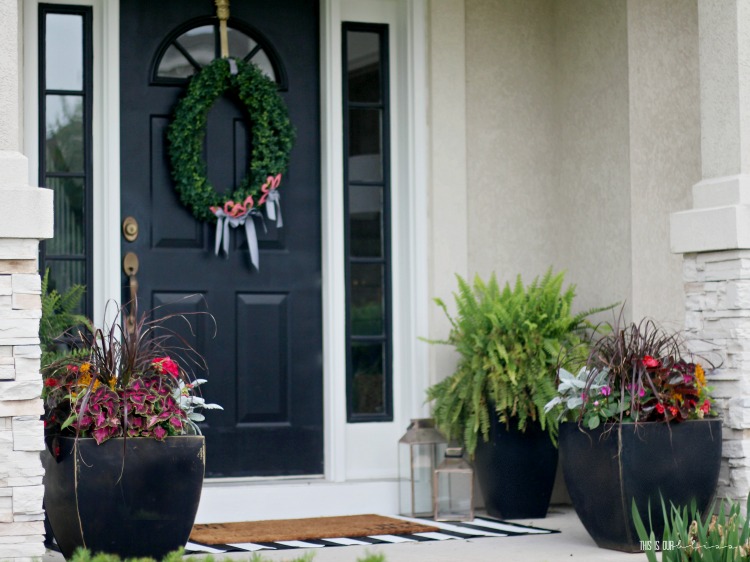 front porch planters with ferns and flowers - with black front door ...