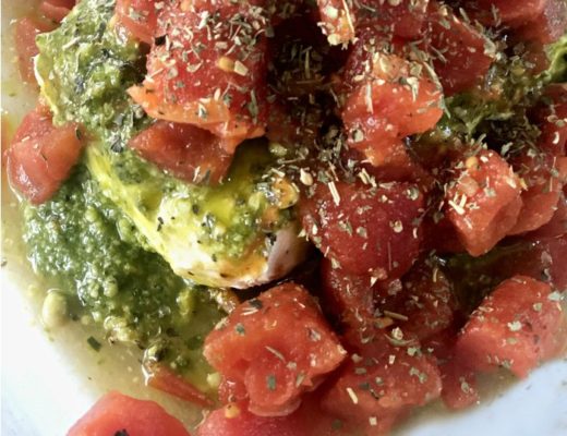 featured 3 Ingredient Bruschetta Dip with cream cheese basil pesto and italian seasoned tomatoes - Easy entertaining ideas for hosting -